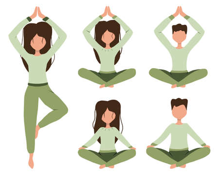 A set of yoga poses. Set of slim athletic young woman and man doing yoga exercises. Healthy lifestyle.のイラスト素材