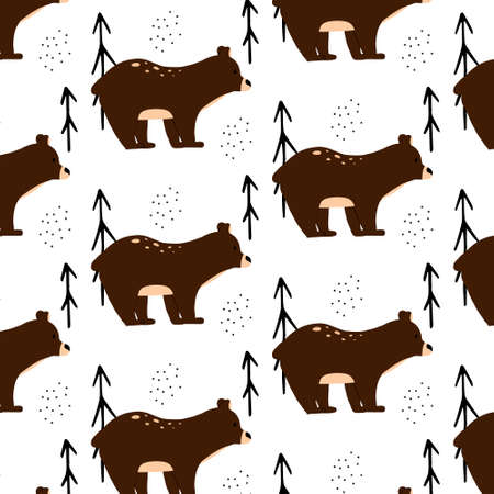 Childrens seamless pattern with brown bear. Pattern with cute hand-drawn bear and trees.のイラスト素材