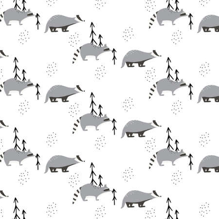 Childish seamless pattern with raccoon and badger. Hand-drawn pattern with forest animals.のイラスト素材