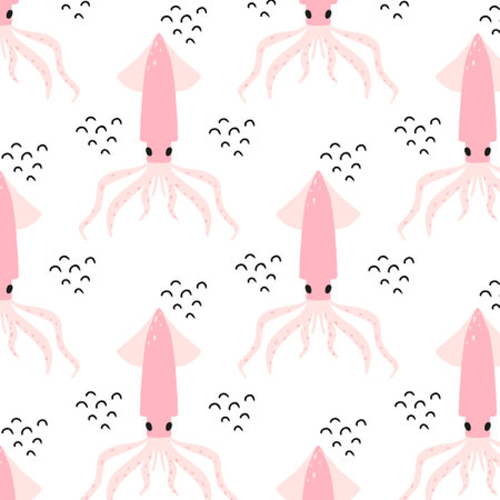 Childish seamless pattern with pink squid. Hand-drawn pattern with squid.のイラスト素材