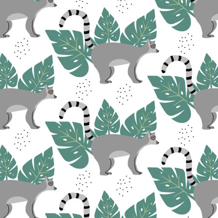 Childish seamless pattern with lemur and monstera leaves. Hand-drawn pattern with lemur in cartoon style.のイラスト素材