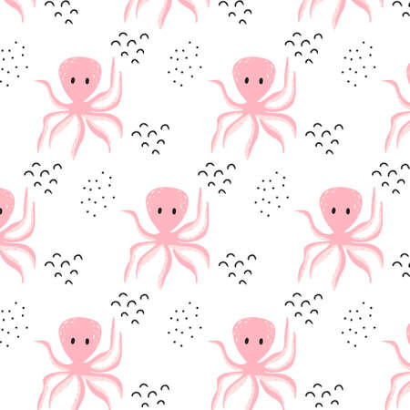 Childish seamless pattern with octopus. Hand-drawn pattern with pink octopus. The pattern is suitable for prints and textiles.のイラスト素材