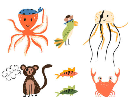 Vector set of childrens pirate animals. A set of pirate pets. Octopus, parrot, jellyfish, monkey in pirate costumes.のイラスト素材