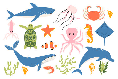 Vector illustration of cute sea animals. Vector set of sea animals. Dolphin, shark, whale, turtle, octopus, crab, jellyfish.のイラスト素材