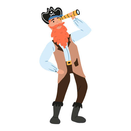 Vector illustration of cute male pirate with red beard. Pirate captain. The pirate looks through the spyglass.のイラスト素材