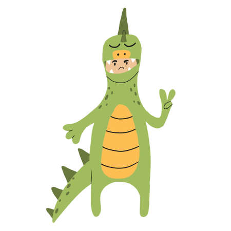 Vector illustration of child in dinosaur costume. Child in green dino costume .のイラスト素材