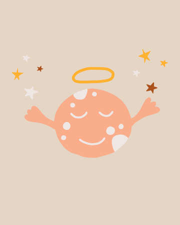 Vector illustration of cute moon with halo in kids boho style. Boho style nursery decoration. Moon with hands up.のイラスト素材