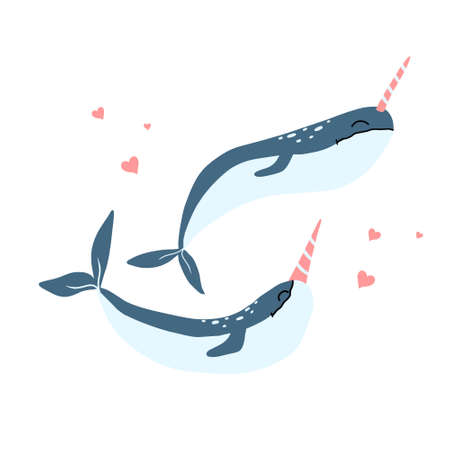 Vector illustration of two cute narwhals with hearts. Cute poster with two grooved piles. Decoration for the nursery.のイラスト素材