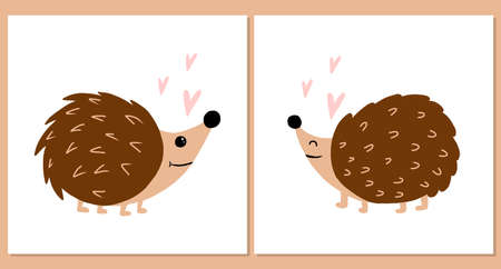 Vector set of posters with cute hedgehogs and hearts. Two posters with hedgehogs in love. Decoration for the nursery.のイラスト素材