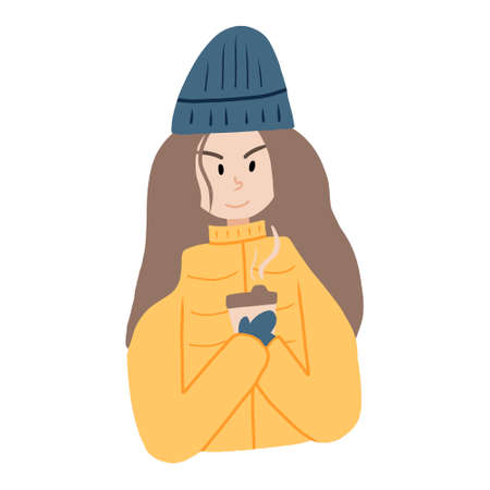 Vector illustration of girl in yellow jacket and blue hat with glass of coffee.のイラスト素材