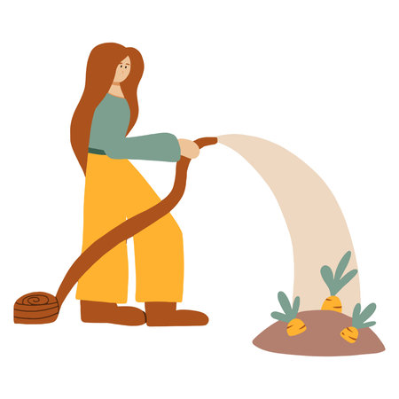 Vector illustration of a girl with a hose in her hands. A cute girl is watering the plants. Gardening concept.のイラスト素材