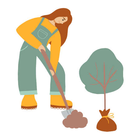 Vector illustration of woman who plants trees. Gardening and landscaping concept. The girl is digging the ground.のイラスト素材