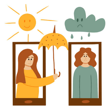 Vector illustration online psychological help and support service. Online therapy concept. Psychological counseling concept. Girl psychologist in the phone.のイラスト素材