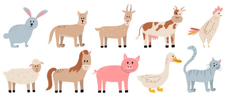 Vector set of farm animals. Cute farm animals cat, dog, horse, pig, cow, goat.のイラスト素材