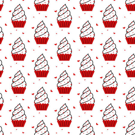 Vector seamless pattern with cupcakes. Cute pattern with muffins for Valentines day. Doodle style.のイラスト素材