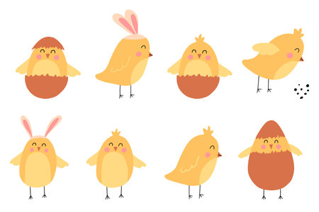 Vector set of cute chickens. Childrens drawings of chickens. Chicken with rabbit ears. Easter chick.のイラスト素材