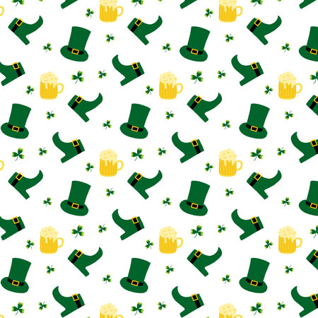 Vector seamless pattern for St. Patricks Day. Pattern with green hat, clover and beer.のイラスト素材