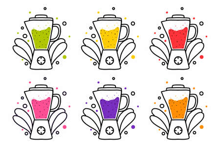 Vector set of smoothie blenders. Doodle style. Set of smoothies in different colors.のイラスト素材