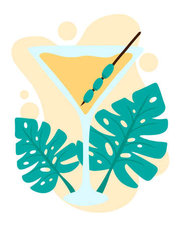 Martini glass with olives. Postcard with cocktail and monstera leaves. Vector illustration in a flat style.のイラスト素材