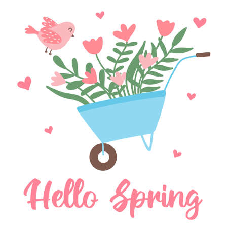 Cute postcard with garden wheelbarrow and flowers. Garden wheelbarrow with flowers and a bird. Spring postcard. Vector illustration in cartoon style.のイラスト素材