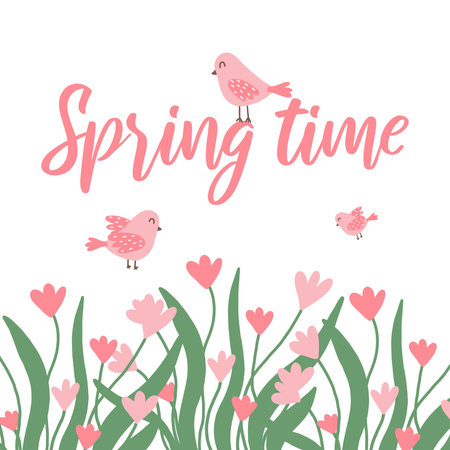 Frame of spring pink flowers and grass. Spring lettering with pink birds. Postcard with flowers and lettering. Vector illustration in hand drawn style. Spring frame of flowers.のイラスト素材