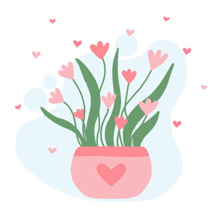 Cute pink flower pot. Spring illustration of flowers in a pot. Vector hand drawn illustration.のイラスト素材