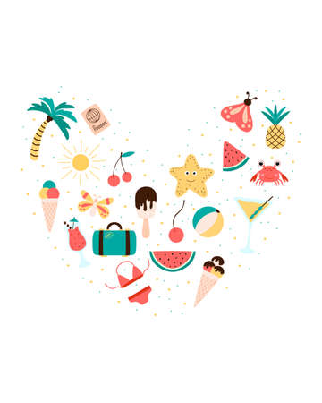 Summer poster. Summer holidays poster with ice cream, crab, palm tree and camera. Cute summer card.Vector hand drawn illustration.のイラスト素材