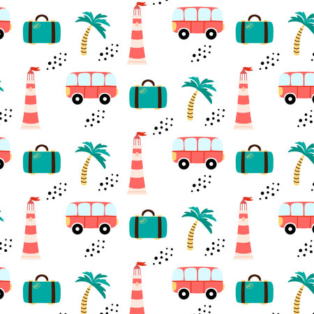 Seamless summer pattern. Pattern with a bus of palm trees and a suitcase. Vector pattern in a...