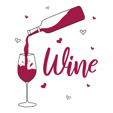Red wine is poured from a bottle into a glass. Vector illustration in doodle style. Lettering poster.のイラスト素材