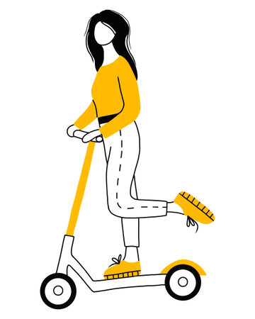 The girl rides a scooter. Vector illustration in doodle style.Eco-friendly transport. Walk on a scooter.のイラスト素材
