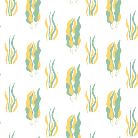 Vector seamless pattern with yellow-green algae. Childrens hand-drawn pattern with algae.