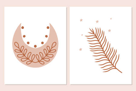 Vector set of posters with branches and stars in kids boho style. Boho style nursery decoration. Posters with leaves.のイラスト素材