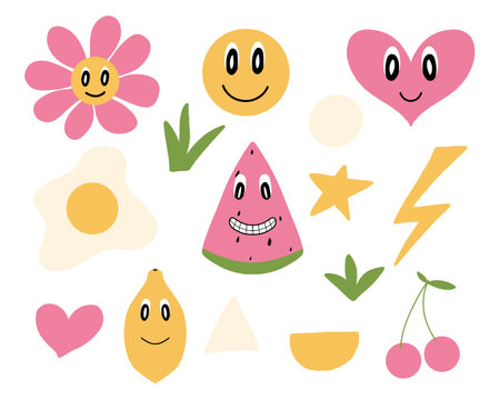Retro set of elements. Groovy flower, emoticon, heart, watermelon, lemon, egg, cherry. Vector illustrationのイラスト素材