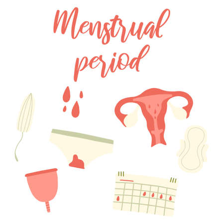 Female menstruation. Women with period and hygiene product tampon, sanitary pads and menstrual cup. Menstruation period, menstrual accessory tampon illustration. Vector illustrationのイラスト素材