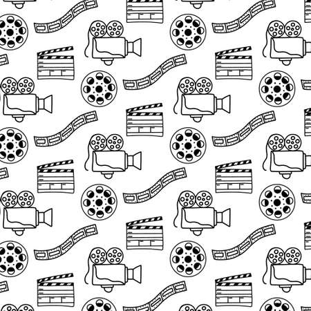 Vector seamless pattern with camera , film . Cinema pattern in doodle style.のイラスト素材