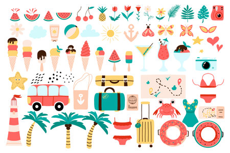 Big set of summer elements. Vector summer set with swimwear, ice cream, suitcases, cocktails, palm...