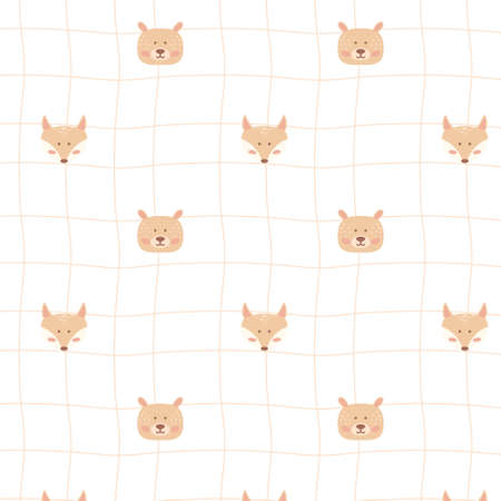 Childish seamless pattern with cute bear and fox head. Children's boho style. Drawn pattern with fox and bears.のイラスト素材