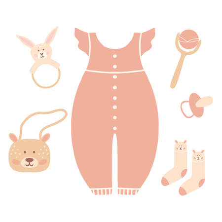 Boho outfit. Cute little girl wardrobe. Vector illustration. Accessories for newborn. Baby boho clothes, abstract boho clothes, cute minimal wear for children, clothing clipart.のイラスト素材