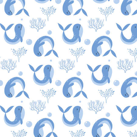 eamless pattern with cute blue whales and seaweeds. Children's hand-drawn pattern. Vector pattern with sea animals.のイラスト素材