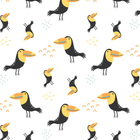 Childish seamless pattern with cute toucans. Hand-drawn pattern with a toucan.のイラスト素材