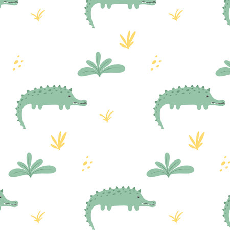 Childish seamless pattern with cute crocodile and plants. Drawn pattern with crocodile. Alligator...