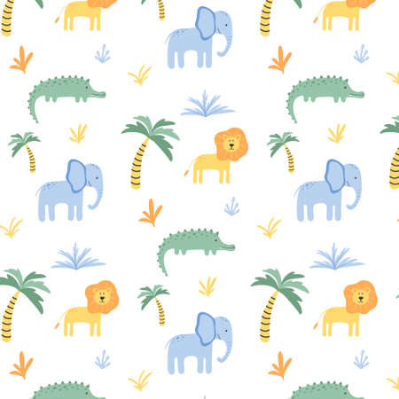 Childish seamless pattern with jungle animals and palm trees. Hand drawn cute pattern with crocodile, lion and elephant. Safari pattern. Vector illustration.のイラスト素材