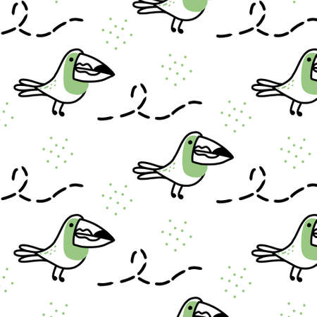 Childish seamless pattern with cute toucans. Hand-drawn pattern with a toucan. Doodle style.のイラスト素材