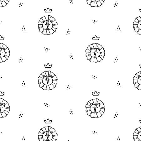 Childish seamless pattern with lion and crown. Doodle style. Cute pattern with lion head. Vector illustration.のイラスト素材