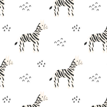 Childish seamless pattern with cute zebra. Hand-drawn pattern with zebra.Vector illustration.のイラスト素材