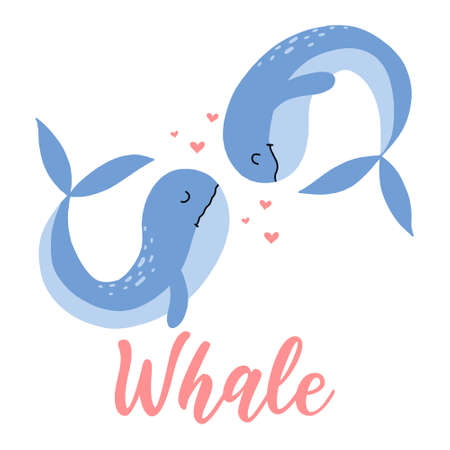 Childish hand drawn illustration of two whales. Two cute blue whales.. Vector illustration. Poster for nursery or print for clothes. Love whales.のイラスト素材