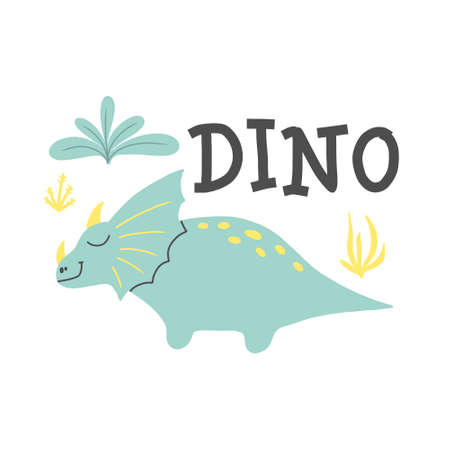 Children's poster with a cute dinosaur. Hand-drawn illustration with dino. The illustration is suitable for pints, nursery posters, postcards. Vector illustration.のイラスト素材