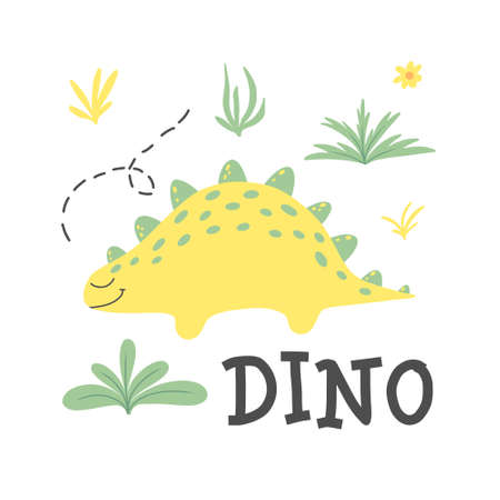 Children's poster with a cute dinosaur. Hand-drawn illustration with dino. The illustration is suitable for pints, nursery posters, postcards. Vector illustration.のイラスト素材