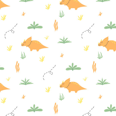 Childish seamless pattern with dinosaurs. Hand-drawn pattern with cute dino. Vector illustration.のイラスト素材