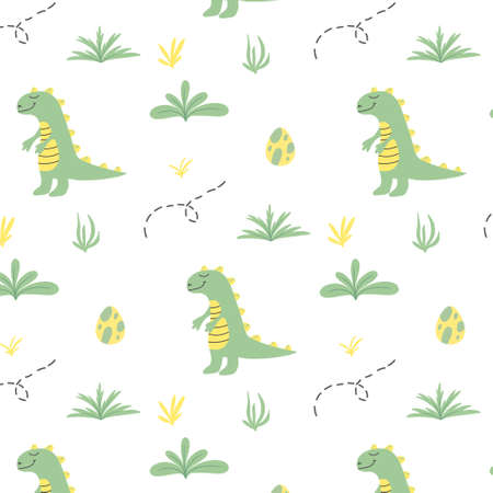 Childish seamless pattern with dinosaurs. Hand-drawn pattern with cute dino. Vector illustration.のイラスト素材